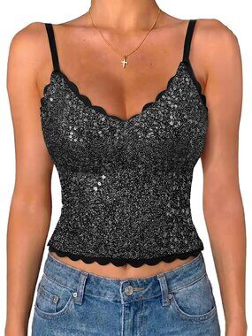 🆕Women's All Black Built in Bra Tank Tops Sequin Sparkly Sleeveless Shirts